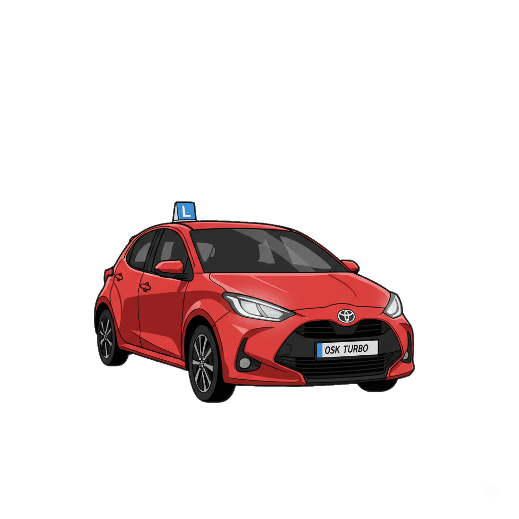 Samochód szkoleniowy na ulicy po deszczu, nocne światła miasta.